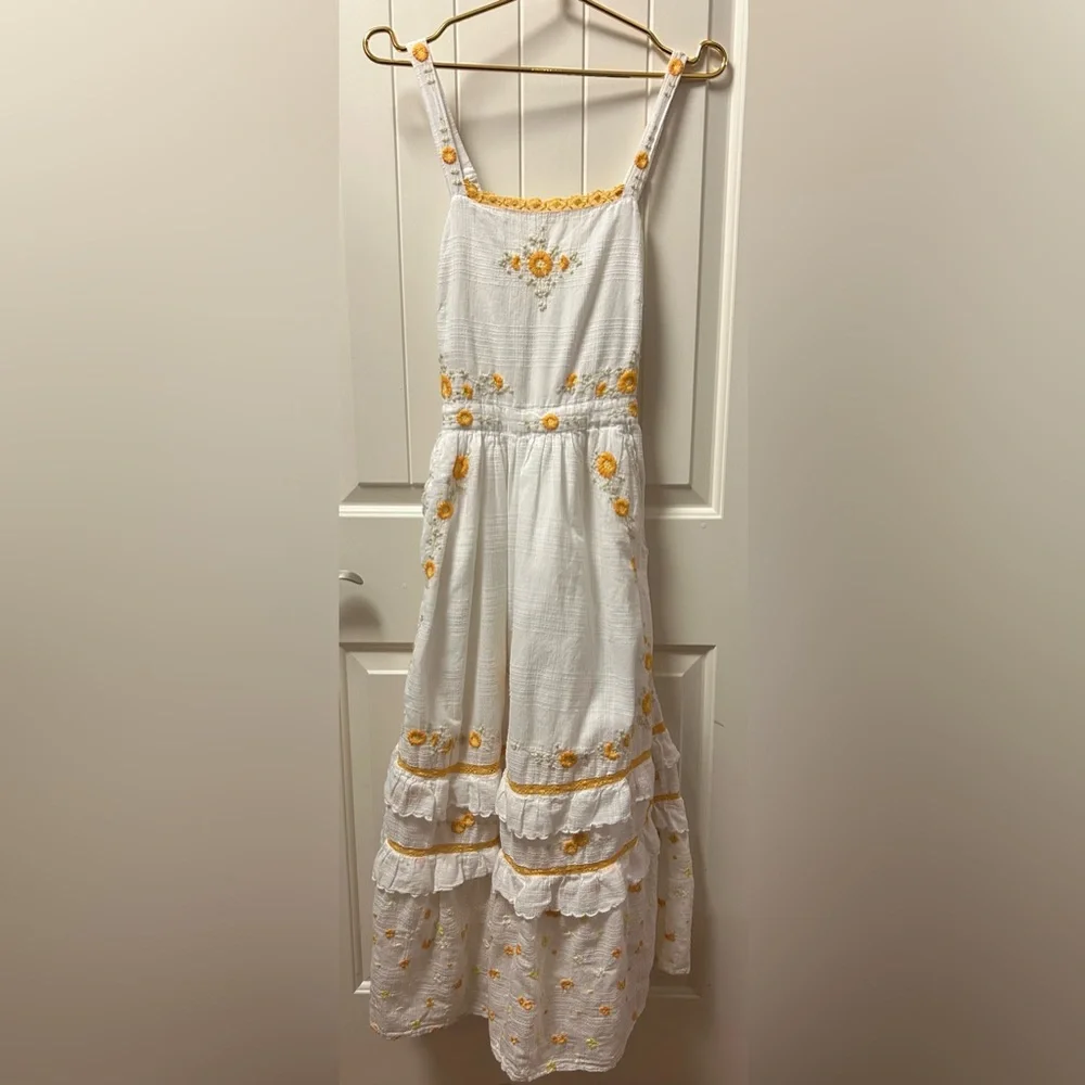 LoveShackFancy White Midi Dress with Yellow Floral Embroidery - Picture 1 of 9